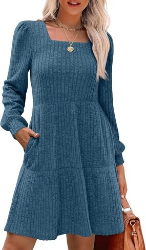SAMPEEL Womens Square Neck Long Sleeve Fall Dresses Casual Babydoll Sweater Dress in Kuwait