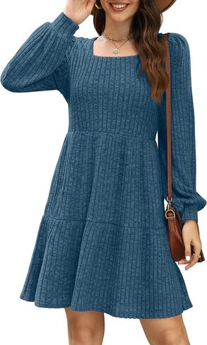 SAMPEEL Womens Square Neck Long Sleeve Fall Dresses Casual Babydoll Sweater Dress in Kuwait