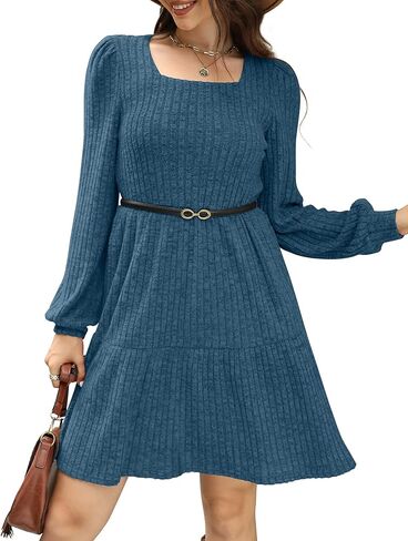 SAMPEEL Womens Square Neck Long Sleeve Fall Dresses Casual Babydoll Sweater Dress in Kuwait