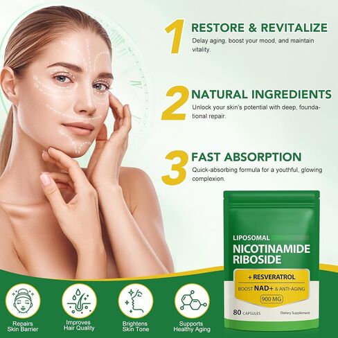 مكمل NAD، 900 مجم - مكمل النيكوتيناميد الشحمي ريبوسيد NAD+ مع ريسفيراترول يدعم العضلات والدماغ والطاقة الخلوية - مكمل NMN البديل للرجال والنساء، 80 كبسولة (عبوة من 1) in Saudi Arabia