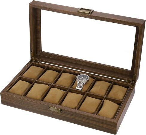 uxcell Watch Box for Men, 12 Slots PU Leather Watch Display Organizer Case, Grain Watch Storage Box with Glass Lid and Removable Cushion for Most Watches Smart Watches in Saudi Arabia