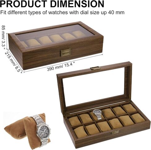 uxcell Watch Box for Men, 12 Slots PU Leather Watch Display Organizer Case, Grain Watch Storage Box with Glass Lid and Removable Cushion for Most Watches Smart Watches in Saudi Arabia