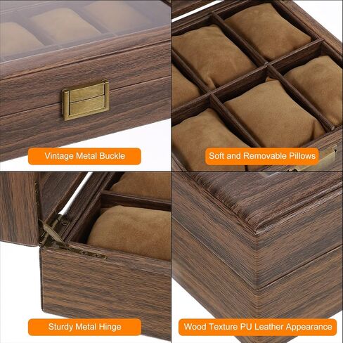 uxcell Watch Box for Men, 12 Slots PU Leather Watch Display Organizer Case, Grain Watch Storage Box with Glass Lid and Removable Cushion for Most Watches Smart Watches in Saudi Arabia
