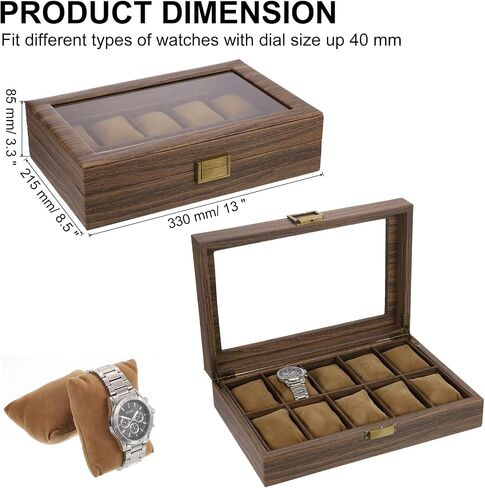 uxcell Watch Box for Men, 12 Slots PU Leather Watch Display Organizer Case, Grain Watch Storage Box with Glass Lid and Removable Cushion for Most Watches Smart Watches in Saudi Arabia