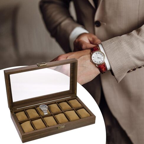 uxcell Watch Box for Men, 12 Slots PU Leather Watch Display Organizer Case, Grain Watch Storage Box with Glass Lid and Removable Cushion for Most Watches Smart Watches in Saudi Arabia