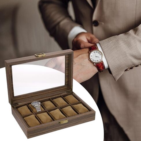 uxcell Watch Box for Men, 12 Slots PU Leather Watch Display Organizer Case, Grain Watch Storage Box with Glass Lid and Removable Cushion for Most Watches Smart Watches in Saudi Arabia