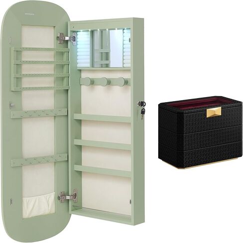 حزمة خزانة مجوهرات SONGMICS LED مع صندوق ساعة من 3 طبقات، وحافظة ساعة قابلة للتكديس بـ 8 فتحات، وسطح أخضر لوريل مع بطانة بيضاء كريمية UJJC026C01 وسطح أسود حبر مع بطانة حمراء نبيذية UJWB021R01 in Kuwait