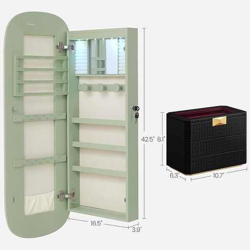 حزمة خزانة مجوهرات SONGMICS LED مع صندوق ساعة من 3 طبقات، وحافظة ساعة قابلة للتكديس بـ 8 فتحات، وسطح أخضر لوريل مع بطانة بيضاء كريمية UJJC026C01 وسطح أسود حبر مع بطانة حمراء نبيذية UJWB021R01 in Kuwait