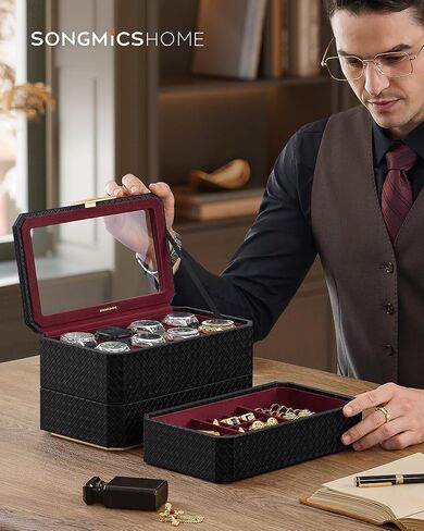 حزمة خزانة مجوهرات SONGMICS LED مع صندوق ساعة من 3 طبقات، وحافظة ساعة قابلة للتكديس بـ 8 فتحات، وسطح أخضر لوريل مع بطانة بيضاء كريمية UJJC026C01 وسطح أسود حبر مع بطانة حمراء نبيذية UJWB021R01 in Kuwait