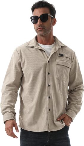 Sumolux Mens Corduroy Button Down Shirts Shacket Casual Long Sleeve Jacket Lightweight Work Shirts with Flap Pockets in Saudi Arabia