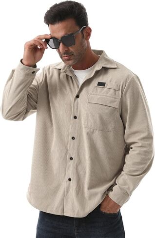 Sumolux Mens Corduroy Button Down Shirts Shacket Casual Long Sleeve Jacket Lightweight Work Shirts with Flap Pockets in Saudi Arabia