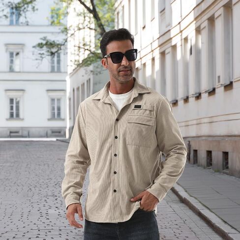 Sumolux Mens Corduroy Button Down Shirts Shacket Casual Long Sleeve Jacket Lightweight Work Shirts with Flap Pockets in Saudi Arabia