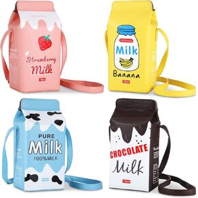 Kigeli 4 Set Girls Strawberry Milk Purse Pig Milk Box Small Purses Crossbody Purse Bag Pu Phone Shoulder Wallet Bag for Women Girl (Fruit)