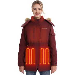 Venustas Women's Heated Long Parka Jacket with Battery, Detachable Fluffy Faux Fur Hood, Water-Resistant Heated Winter Coat