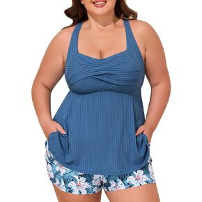 Summer Mae Ribbed Plus Size Tankini Swimsuits for Women Two Piece Bathing Suit with Pockets Shorts Tummy Control Swimwear