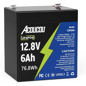 Acoucou 12V 6Ah LiFePO4 Battery, small 12 Volt Rechargeable Lithium Battery with 3000+ Times Deep Cycles&Built-in BMS, Lithium Iron Phosphate Battery for Fish Finder,Power wheels,Lighting,Ride on Toys