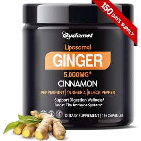 Liposomal Ginger 5000mg with Cinnamon, Peppermint, Turmeric & Black Pepper – Supports Digestive Wellness & Immune Health -150 Capsules- Made in USA