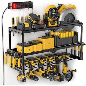 Power Tool Organizer Wall Mount with Charging Station, 7/8 Slots for Cordless Drill Hanger Storage, Tool Battery Holde with 4 Outlet Power Strip, Drill Holder Heavy Duty Garage Organizers