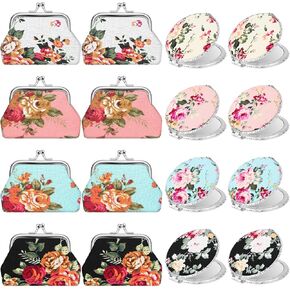 16 Pcs Vintage Floral Christmas Gift Set for Women 8 Pcs Canvas Floral Buckle Coin Purse Bulk for Women and 8 Pcs Rose Flower Compact Pocket Mirror for Christmas Church Coworker Friend Bridesmaid Gift