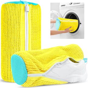 Shoe Washing Machine Bag 2 Pack, Laundry Shoe Cleaning Bag for Washer and Dryer, Reusable Laundry Bags Mesh Wash Bags for Adults and Kid's Shoes (Yellow)