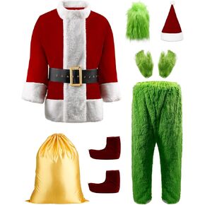 Green Costume adult-8Pcs Funny Green Costume with Mask Christmas Halloween Costumes Adult Cosplay Santa Suit