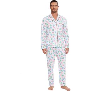 Men Adult Christmas Winter Long Shirt Pajama Pants Set Sleepwear (M) White