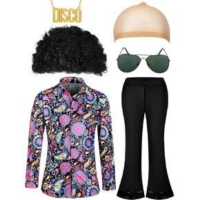 Mepase 6 Pcs Men 70s Disco Costumes Include Retro Shirt Bell Bottom Pants Wig Sunglasses Necklace Wig Cap for Disco Party