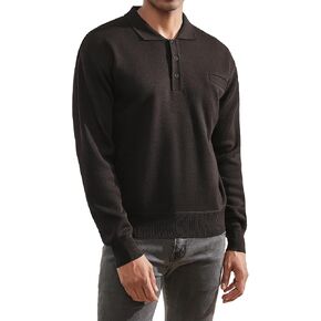 Men's Knit Polo Sweater Classic Casual Long Sleeve Fall Fleece Lined Button Collar Pullover Sweaters