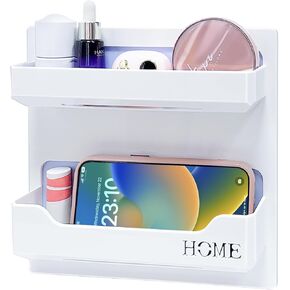 Bedside Shelf Wall Mount, Adhesive Bedside Shelf Accessories Organizer with Hooks and Cable Clips,Dorm Bedside Wall Storage for Phone, Remote, Earphone, Kindle,Plastic (5 Hooks Style)