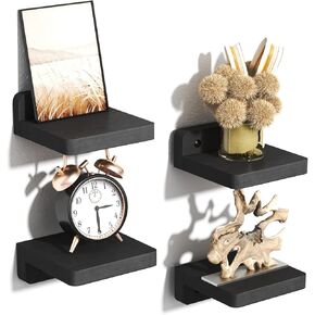 SRIWATANA Small Floating Shelves Wall Mounted, 4 Inch Wood Shelf for Decoration and Storage Set of 4, Mini Display Shelf for Bedroom, Bathroom, Kitchen, Office (Weathered Black)
