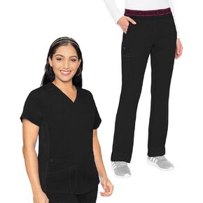 Med Couture Scrub Set for Women, 11 Pockets with V-Neck Scrub Top MC7459 and Comfortable Scrub Pants, MC7739, Black - XL Top/XL Petite Pant