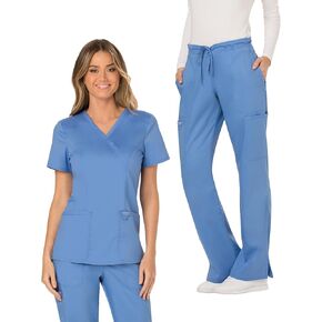 Cherokee Scrub Set for Women Modern Classic Fit Mock Wrap Top WW610 with Mid Rise Moderate Flare Drawstring Pant-WW120, Ciel - M Top/M Petite Pant
