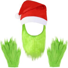 Beard Santa Hat with Furry Gloves for Adult, Christmas Costume Accessories Set for Men Women, Santa Costume Cosplay