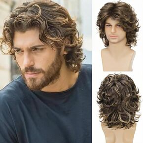 Mens Curly Wigs Dack Brown Short Wig,Synthetic Heat Resistant Costume Wig Mens Daily Cosplay Party Halloween