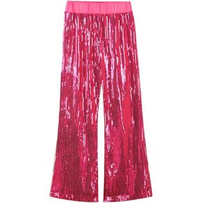 WELAKEN Girls Sequin Flare Pants Sparkle Elastic Waist Dance Pants with Pockets