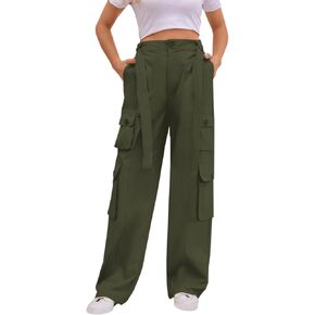 SANGTREE Girls Y2k Casual Elastic Waist Multi Pocket Straight Cargo Pants with Belt