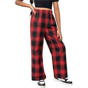 SHENHE Girl's Plaid Pants Elastic Waist Loose Pants Buffalo Plaid Straight Leg Pants
