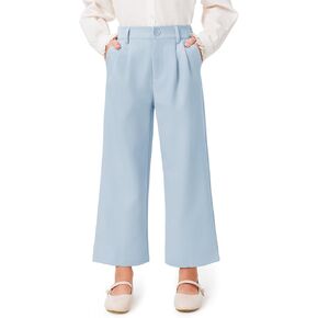 Haloumoning Girls Uniform Pants Kids High Waisted Wide Leg Dress Pants Casual Trousers with Pockets 5-14 Years
