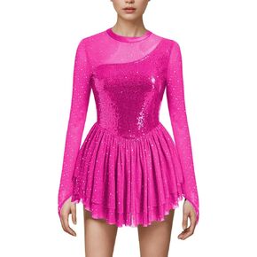 AFAVOM Sequin Figure Skating Dress for Women Long Sleeve Shiny Mesh Rhinestone Ice Skating Dress Ballet Lyrical Dancewear