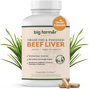 BIG FARMER 180 Beef Liver Capsules - 100% Grass Fed & Finished Beef Liver, Supports Energy Production, Detoxification, Immunity and Full Body Wellness, Non-GMO, Freeze Dried Beef Liver Supplement