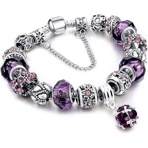 Charms Bracelet for Women Murano Glass Beads Flower Charms Amethyst Bracelets