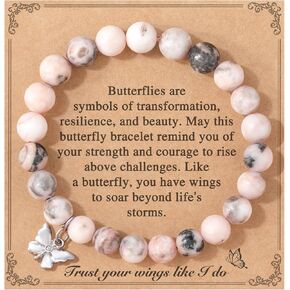 Inspirational Gifts Butterfly Bracelet for Women, Natural Stone Pink Bracelet Gifts for Women Girls, You Were Born to Fly