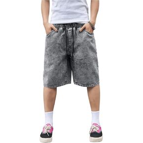 MakeMeChic Men's Drawstring Elastic Waist Wide Leg Jean Denim Bermuda Shorts with Pocket