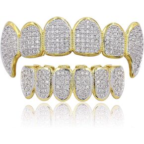 JINAO Gold Fang Grills 18k Gold-Tone All Iced Out Luxury Cubic Zirconia Hip Hop Bling Vampire Fangs Gold Mouth Grillz for Your Teeth Set with Extra Molding Bars Included (vampire gold set)