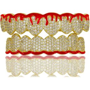 Grillz Vampire Teeth Silver Grills for Your Teeth Diamond Grillz for Women Hip Hop 14K Gold Plated Red Flame Vampire Fang Top Bottom Gold Grillz Teeth Men Cosplay Rapper Costume