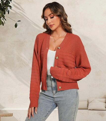 Women Fall Long Sleeve V Neck Cardigan Button Down Lightweight Cropped Cardigan Sweater Jackets in Kuwait
