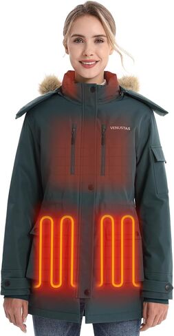Venustas Women's Heated Long Parka Jacket with Battery, Detachable Fluffy Faux Fur Hood, Water-Resistant Heated Winter Coat in Saudi Arabia