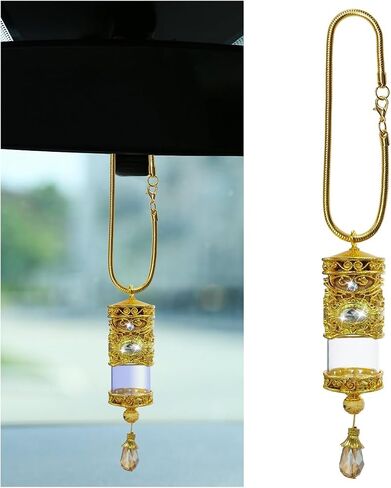 Hanging Car Air Freshener Diffuser, Refillable Essential Oils Empty Perfume Bottle, Alloy Car Aromatherapy Fragrance Perfume Pendant Bottle, Universal Car Interior Ornaments Decor (Gold) in Kuwait