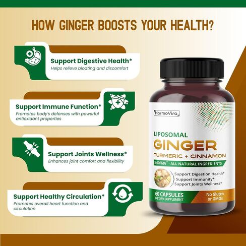 Liposomal Ginger 5000mg Turmeric 1000mg Lemon Balm 1000mg Cinnamon 500mg -Support Digestion, Immunity, Joints - 120-day Supply - Made in The USA in Saudi Arabia