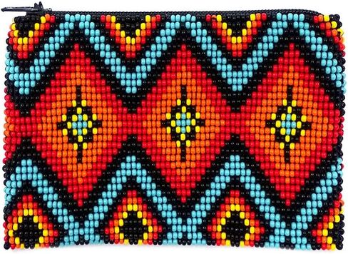 Native American Inspired Diamond Pattern Czech Glass Seed Beaded Coin Purse Zipper Pouch - Womens Fashion Handmade Bags Tribal Travel Accessories (Turquoise) in Kuwait